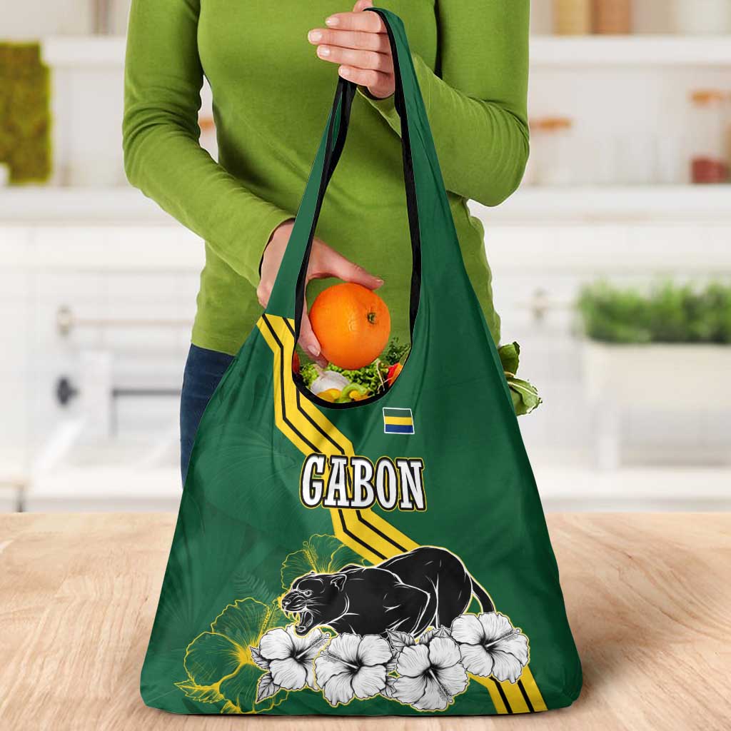 Gabon Grocery Bag with Black Panther Graphic and Hibiscus Flower Design in National Colors