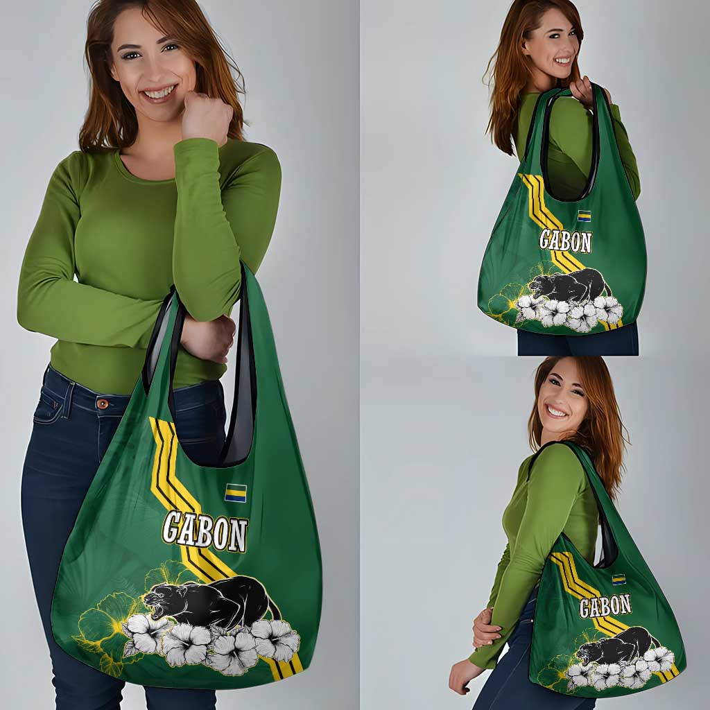 Gabon Grocery Bag with Black Panther Graphic and Hibiscus Flower Design in National Colors