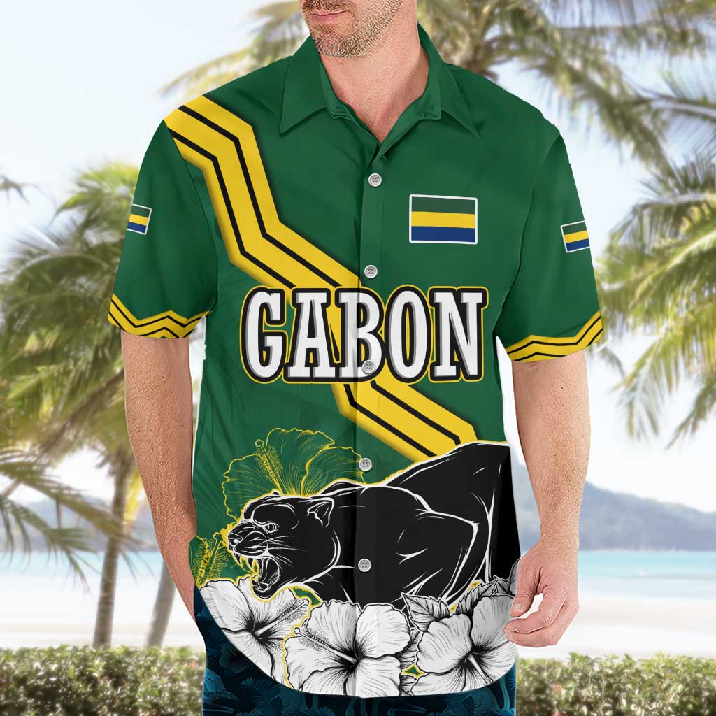 Gabon Hawaiian Shirt with Black Panther Graphic and Hibiscus Flower Design in National Colors