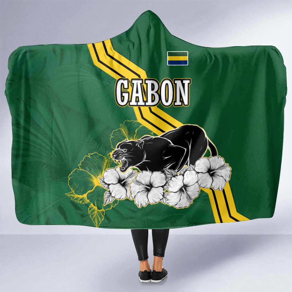 Gabon Hooded Blanket with Black Panther Graphic and Hibiscus Flower Design in National Colors