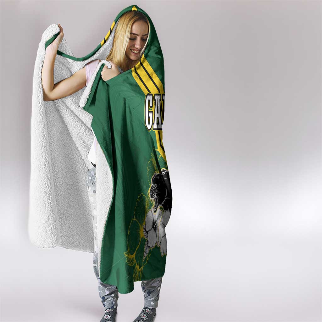 Gabon Hooded Blanket with Black Panther Graphic and Hibiscus Flower Design in National Colors