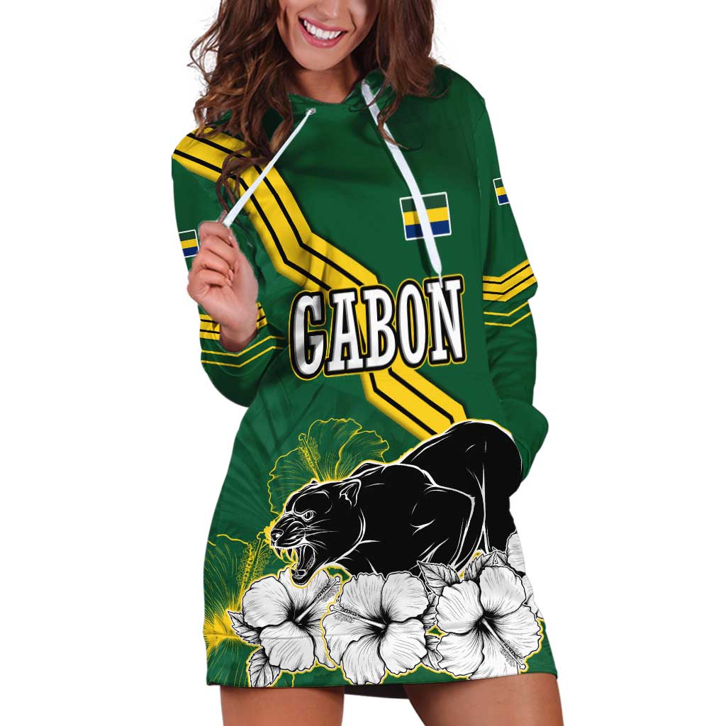 Gabon Hoodie Dress with Black Panther Graphic and Hibiscus Flower Design in National Colors