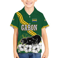 Gabon Kid Hawaiian Shirt with Black Panther Graphic and Hibiscus Flower Design in National Colors