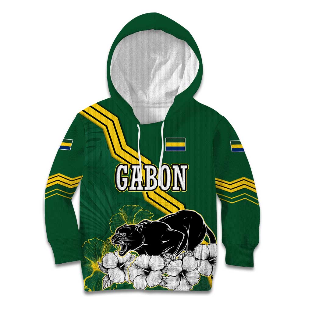 Gabon Kid Hoodie with Black Panther Graphic and Hibiscus Flower Design in National Colors