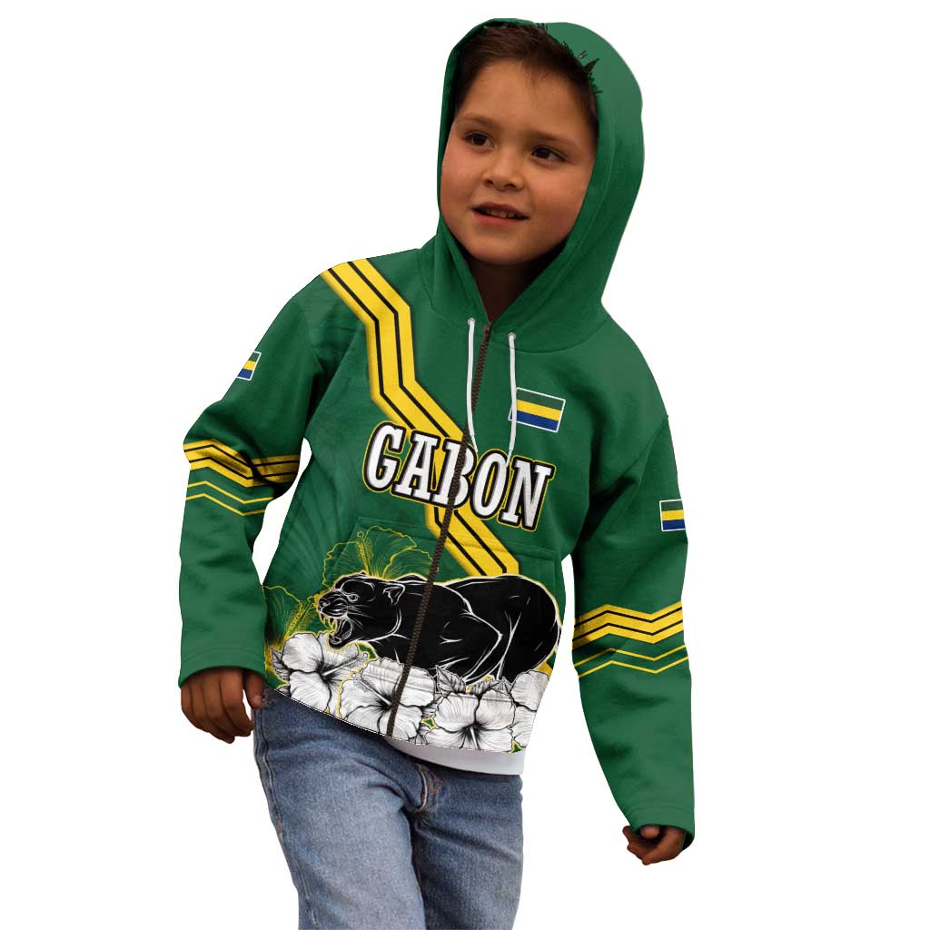 Gabon Kid Hoodie with Black Panther Graphic and Hibiscus Flower Design in National Colors