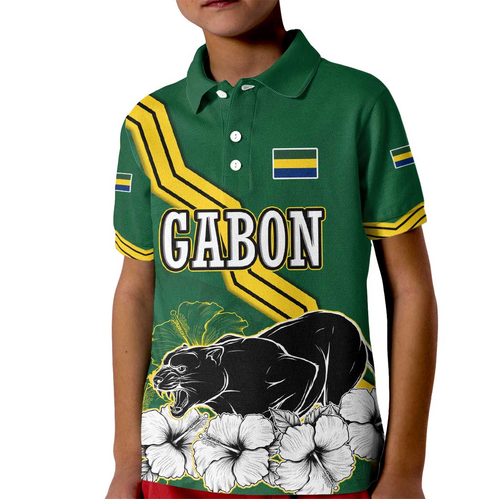 Gabon Kid Polo Shirt with Black Panther Graphic and Hibiscus Flower Design in National Colors