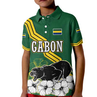 Gabon Kid Polo Shirt with Black Panther Graphic and Hibiscus Flower Design in National Colors