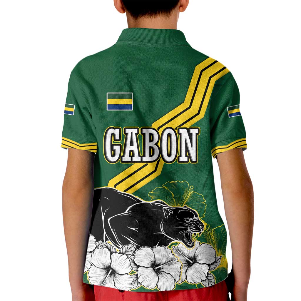 Gabon Kid Polo Shirt with Black Panther Graphic and Hibiscus Flower Design in National Colors