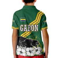 Gabon Kid Polo Shirt with Black Panther Graphic and Hibiscus Flower Design in National Colors