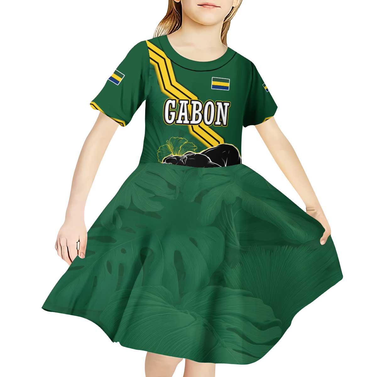 Gabon Kid Short Sleeve Dress with Black Panther Graphic and Hibiscus Flower Design in National Colors