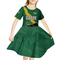 Gabon Kid Short Sleeve Dress with Black Panther Graphic and Hibiscus Flower Design in National Colors