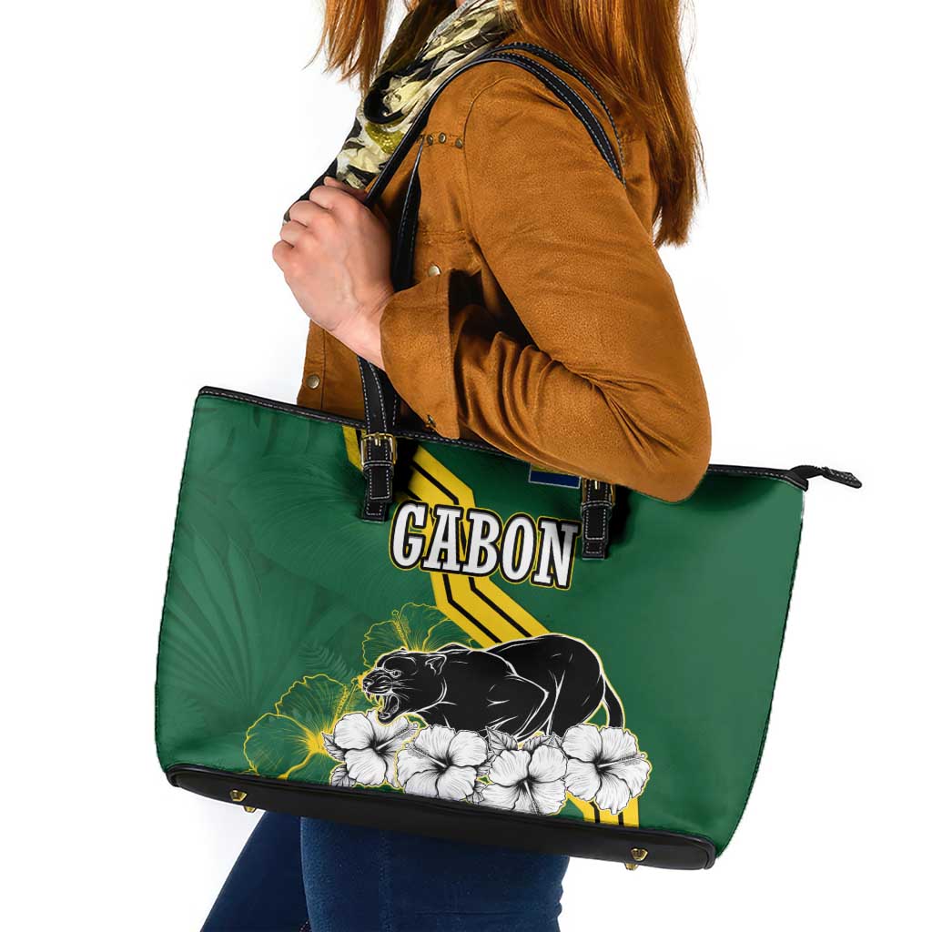 Gabon Leather Tote Bag with Black Panther Graphic and Hibiscus Flower Design in National Colors