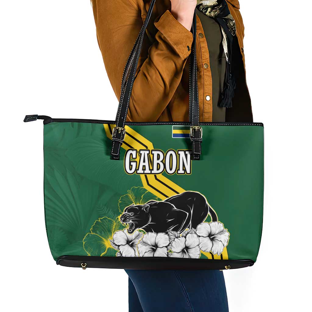 Gabon Leather Tote Bag with Black Panther Graphic and Hibiscus Flower Design in National Colors