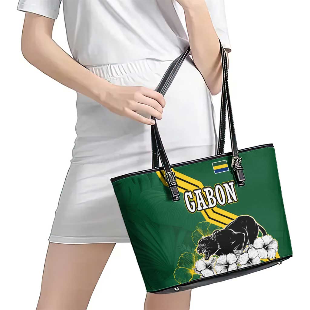Gabon Leather Tote Bag with Black Panther Graphic and Hibiscus Flower Design in National Colors