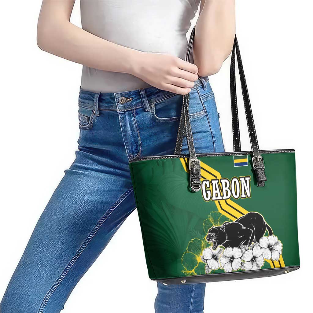 Gabon Leather Tote Bag with Black Panther Graphic and Hibiscus Flower Design in National Colors