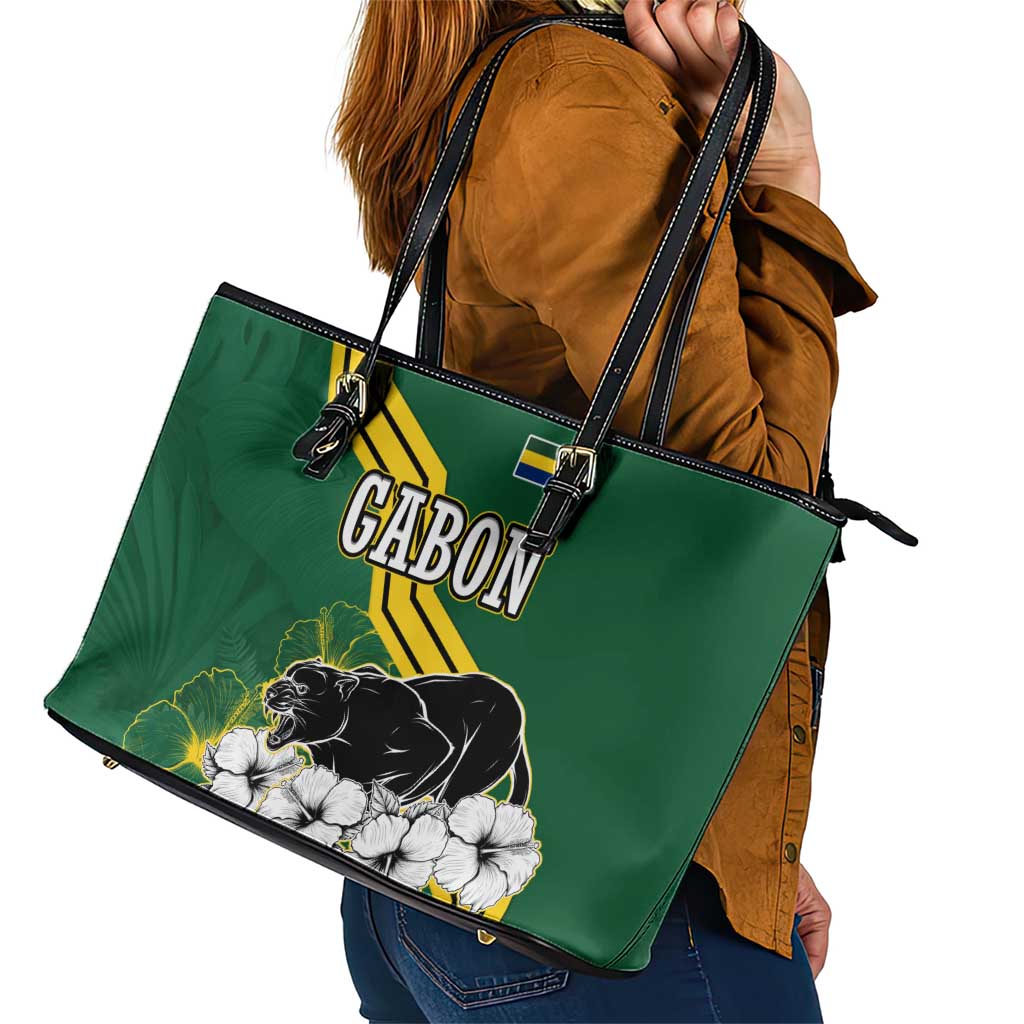 Gabon Leather Tote Bag with Black Panther Graphic and Hibiscus Flower Design in National Colors