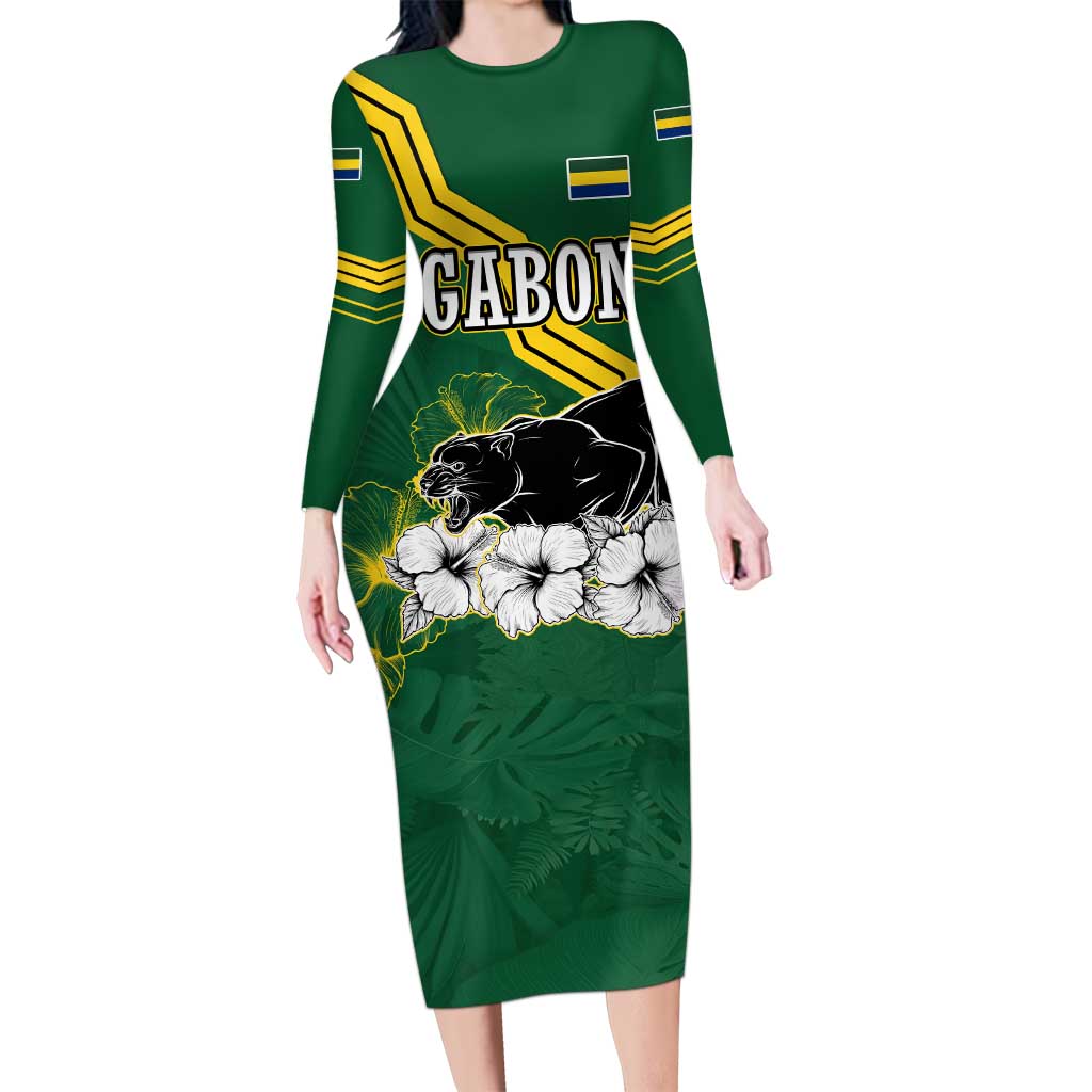 Gabon Long Sleeve Bodycon Dress with Black Panther Graphic and Hibiscus Flower Design in National Colors