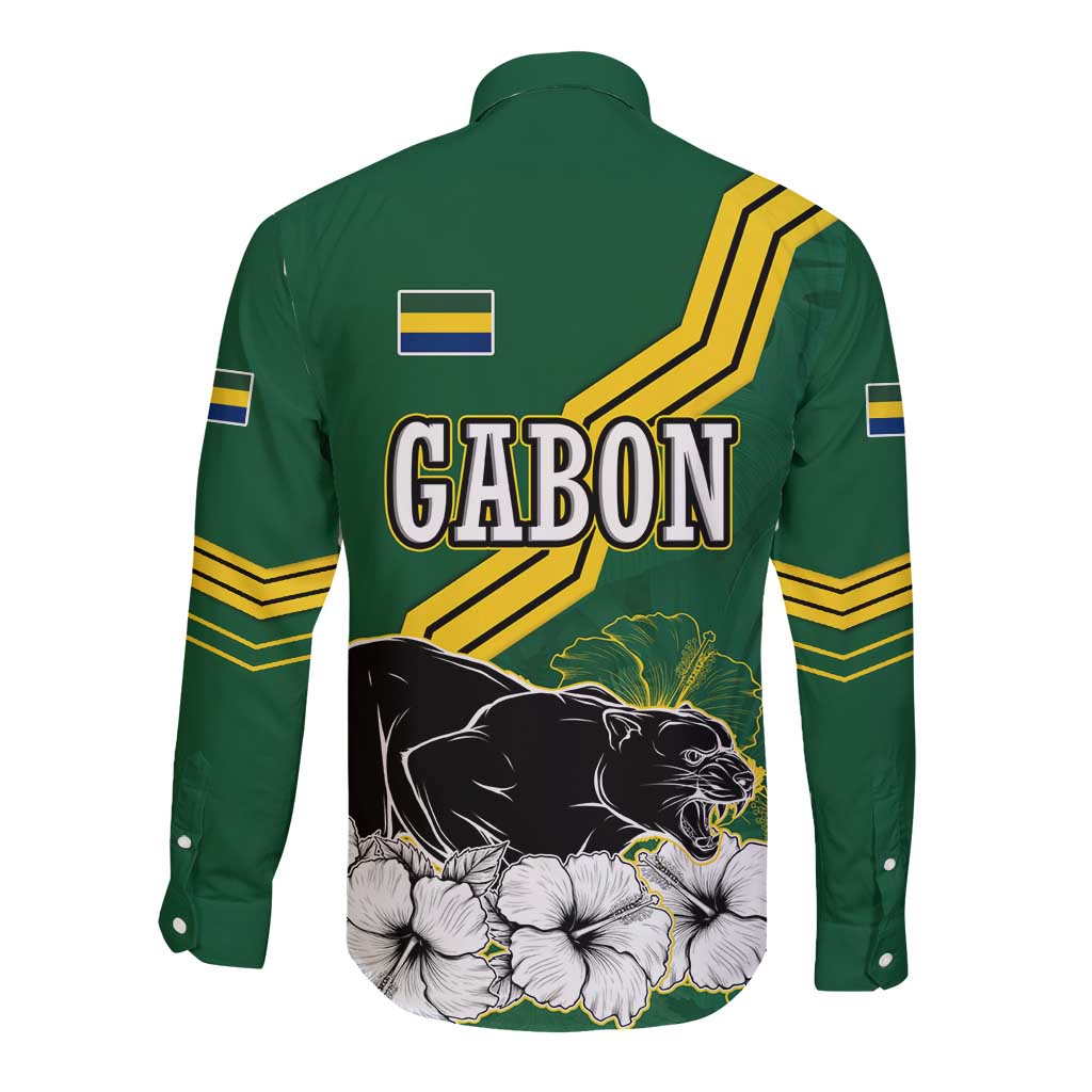 Gabon Long Sleeve Button Shirt with Black Panther Graphic and Hibiscus Flower Design in National Colors