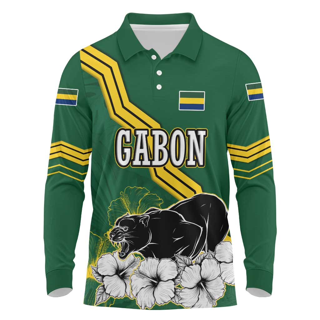 Gabon Long Sleeve Polo Shirt with Black Panther Graphic and Hibiscus Flower Design in National Colors