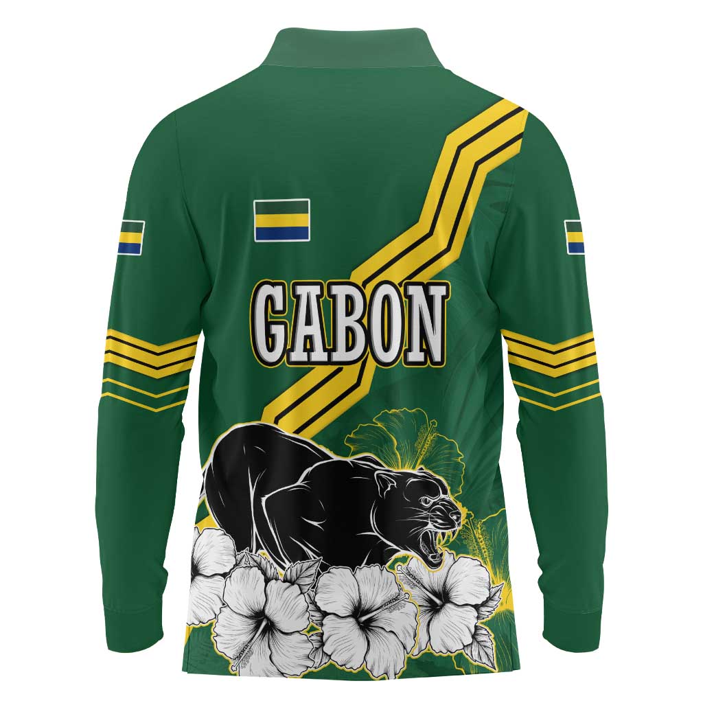 Gabon Long Sleeve Polo Shirt with Black Panther Graphic and Hibiscus Flower Design in National Colors
