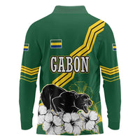 Gabon Long Sleeve Polo Shirt with Black Panther Graphic and Hibiscus Flower Design in National Colors