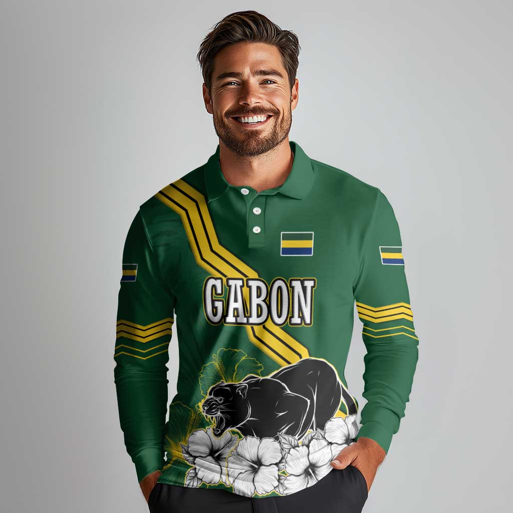 Gabon Long Sleeve Polo Shirt with Black Panther Graphic and Hibiscus Flower Design in National Colors