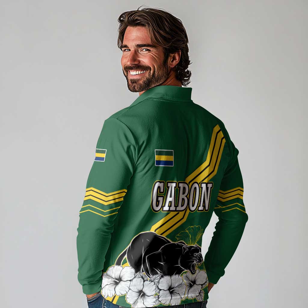 Gabon Long Sleeve Polo Shirt with Black Panther Graphic and Hibiscus Flower Design in National Colors