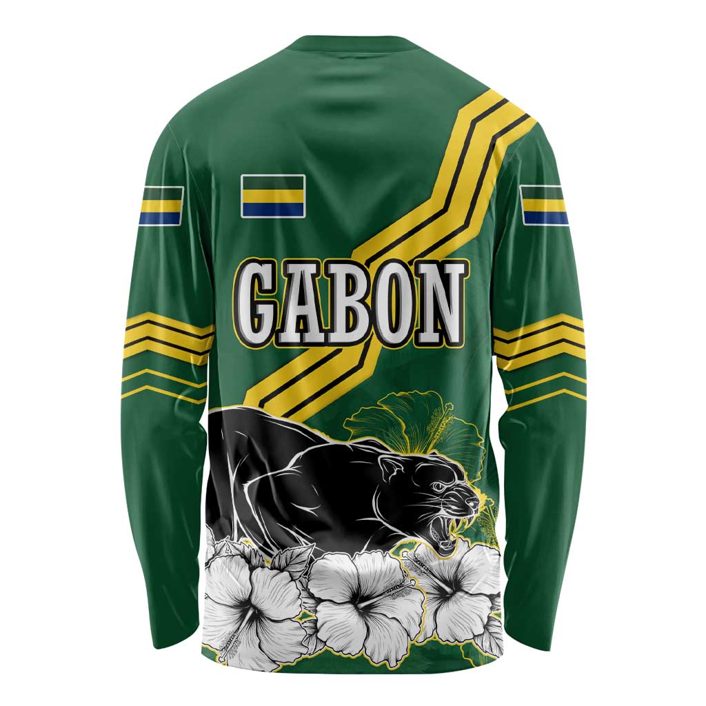 Gabon Long Sleeve Shirt with Black Panther Graphic and Hibiscus Flower Design in National Colors