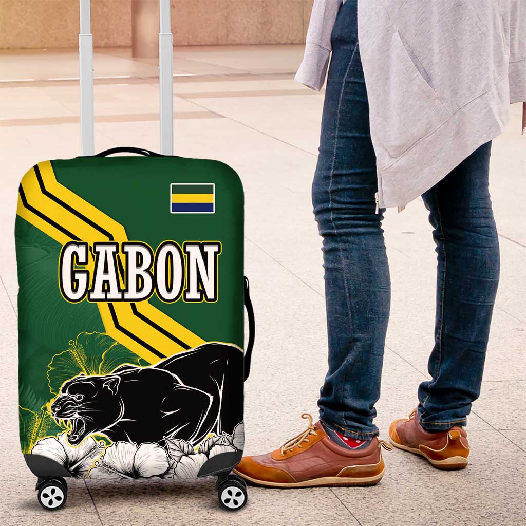 Gabon Luggage Cover with Black Panther Graphic and Hibiscus Flower Design in National Colors