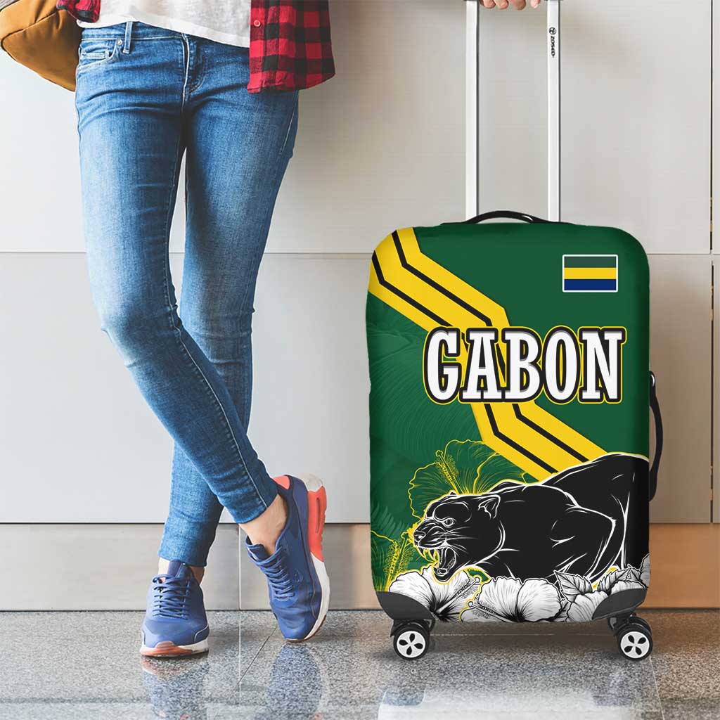 Gabon Luggage Cover with Black Panther Graphic and Hibiscus Flower Design in National Colors