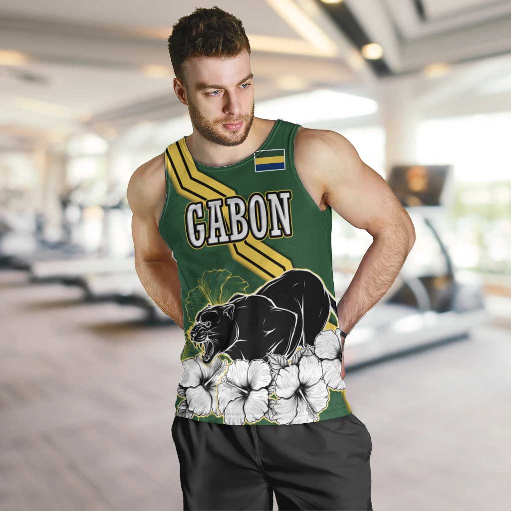 Gabon Men Tank Top with Black Panther Graphic and Hibiscus Flower Design in National Colors