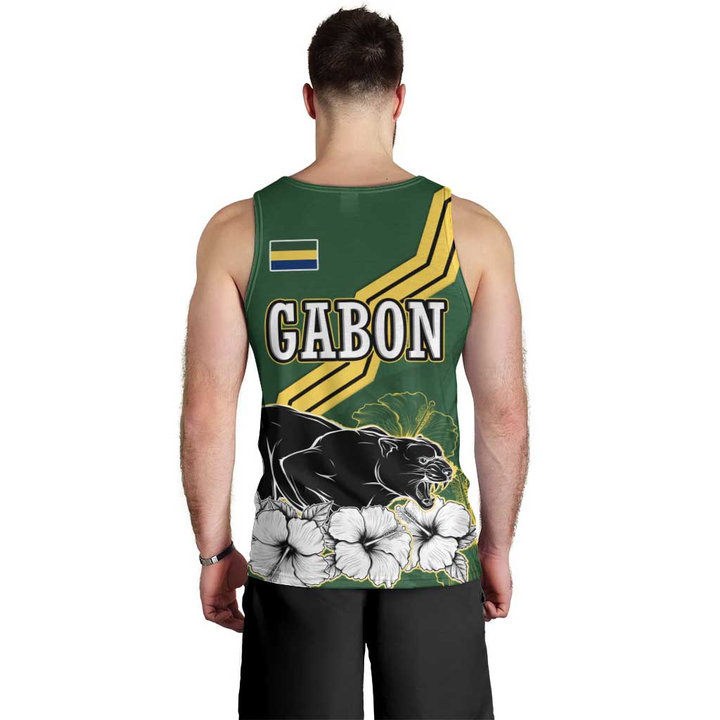 Gabon Men Tank Top with Black Panther Graphic and Hibiscus Flower Design in National Colors