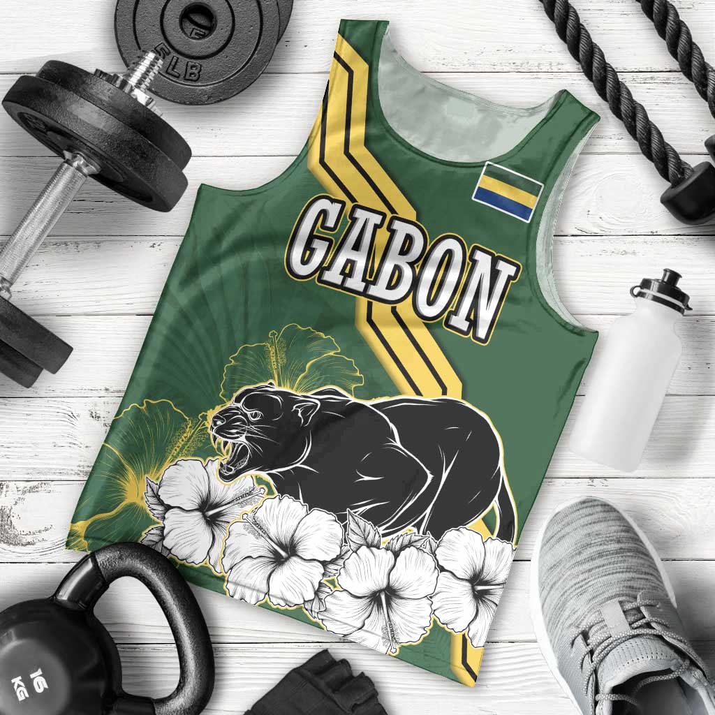 Gabon Men Tank Top with Black Panther Graphic and Hibiscus Flower Design in National Colors