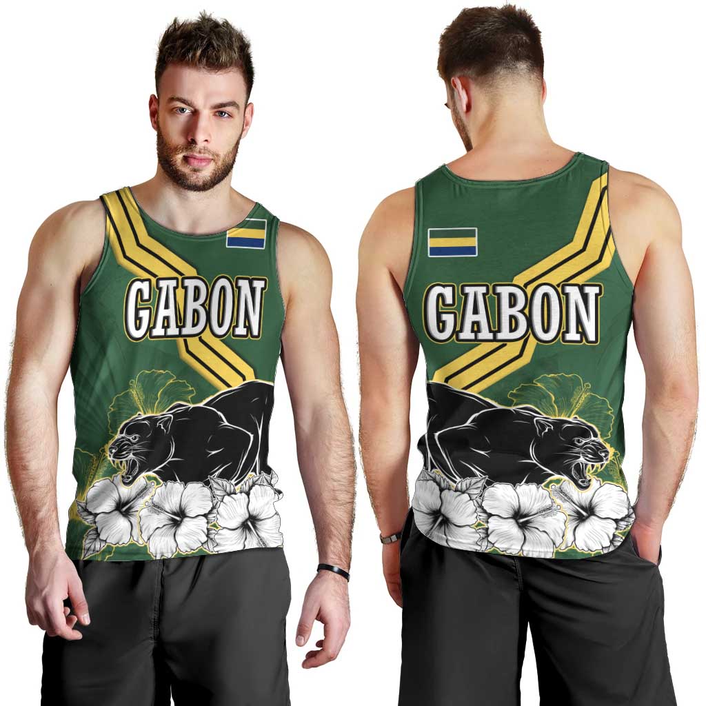 Gabon Men Tank Top with Black Panther Graphic and Hibiscus Flower Design in National Colors