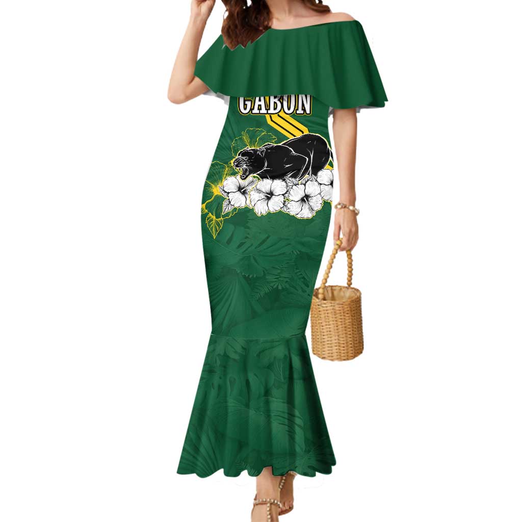 Gabon Mermaid Dress with Black Panther Graphic and Hibiscus Flower Design in National Colors