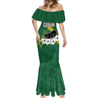 Gabon Mermaid Dress with Black Panther Graphic and Hibiscus Flower Design in National Colors