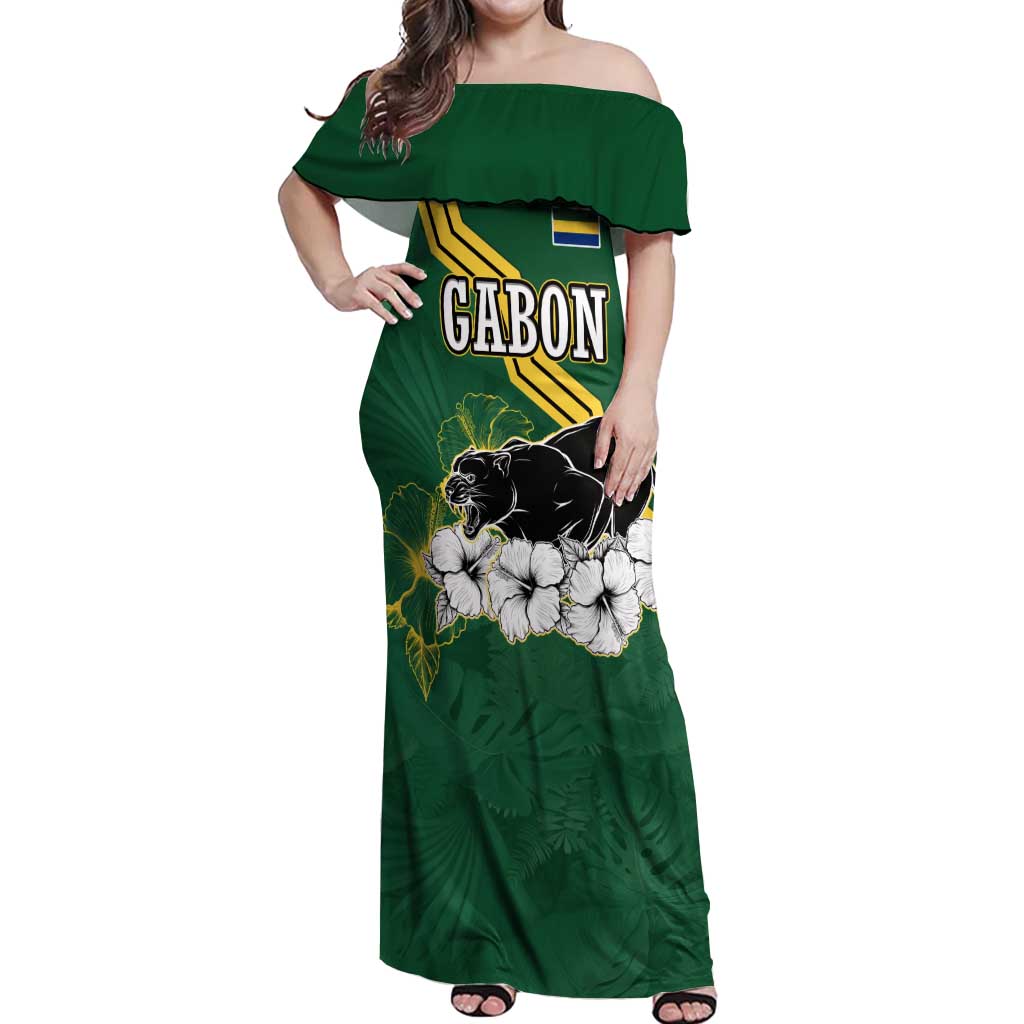 Gabon Off Shoulder Maxi Dress with Black Panther Graphic and Hibiscus Flower Design in National Colors