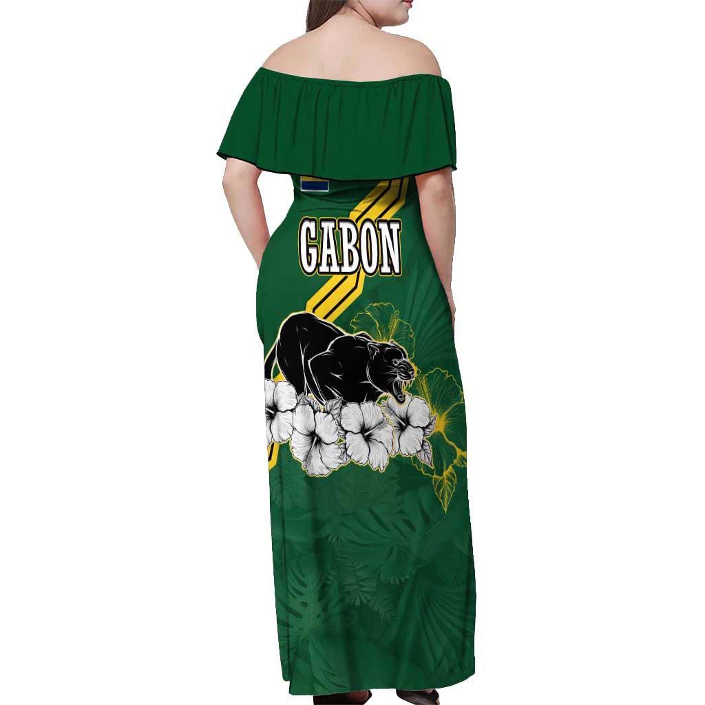 Gabon Off Shoulder Maxi Dress with Black Panther Graphic and Hibiscus Flower Design in National Colors