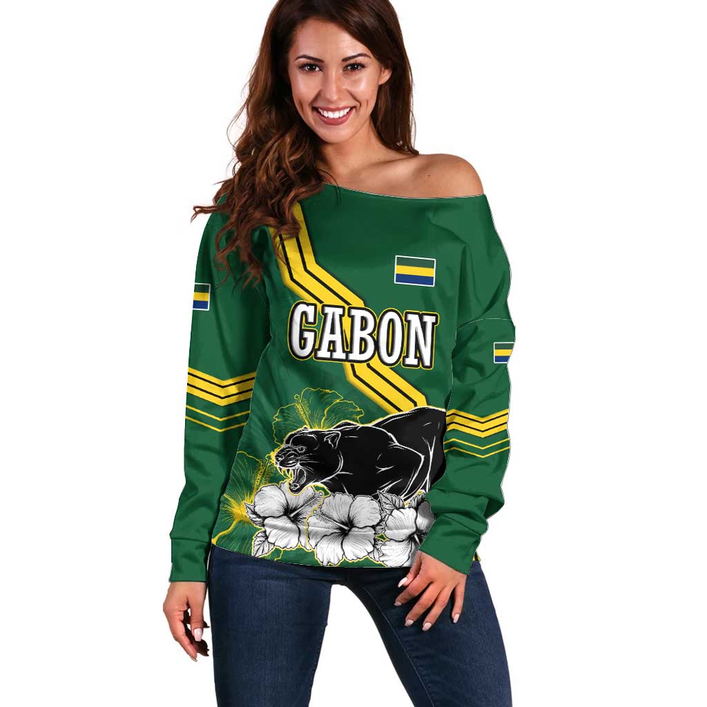 Gabon Off Shoulder Sweater with Black Panther Graphic and Hibiscus Flower Design in National Colors