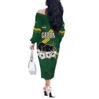 Gabon Off The Shoulder Long Sleeve Dress with Black Panther Graphic and Hibiscus Flower Design in National Colors