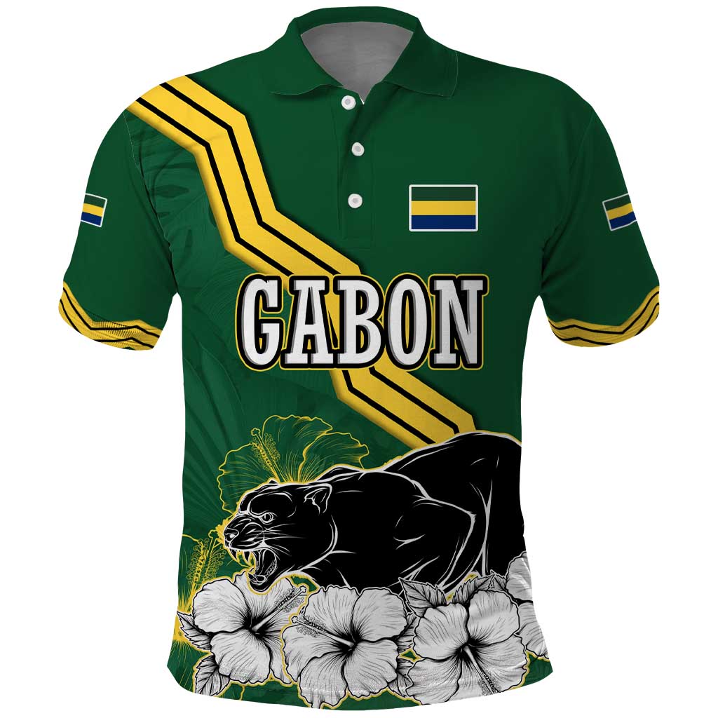 Gabon Polo Shirt with Black Panther Graphic and Hibiscus Flower Design in National Colors