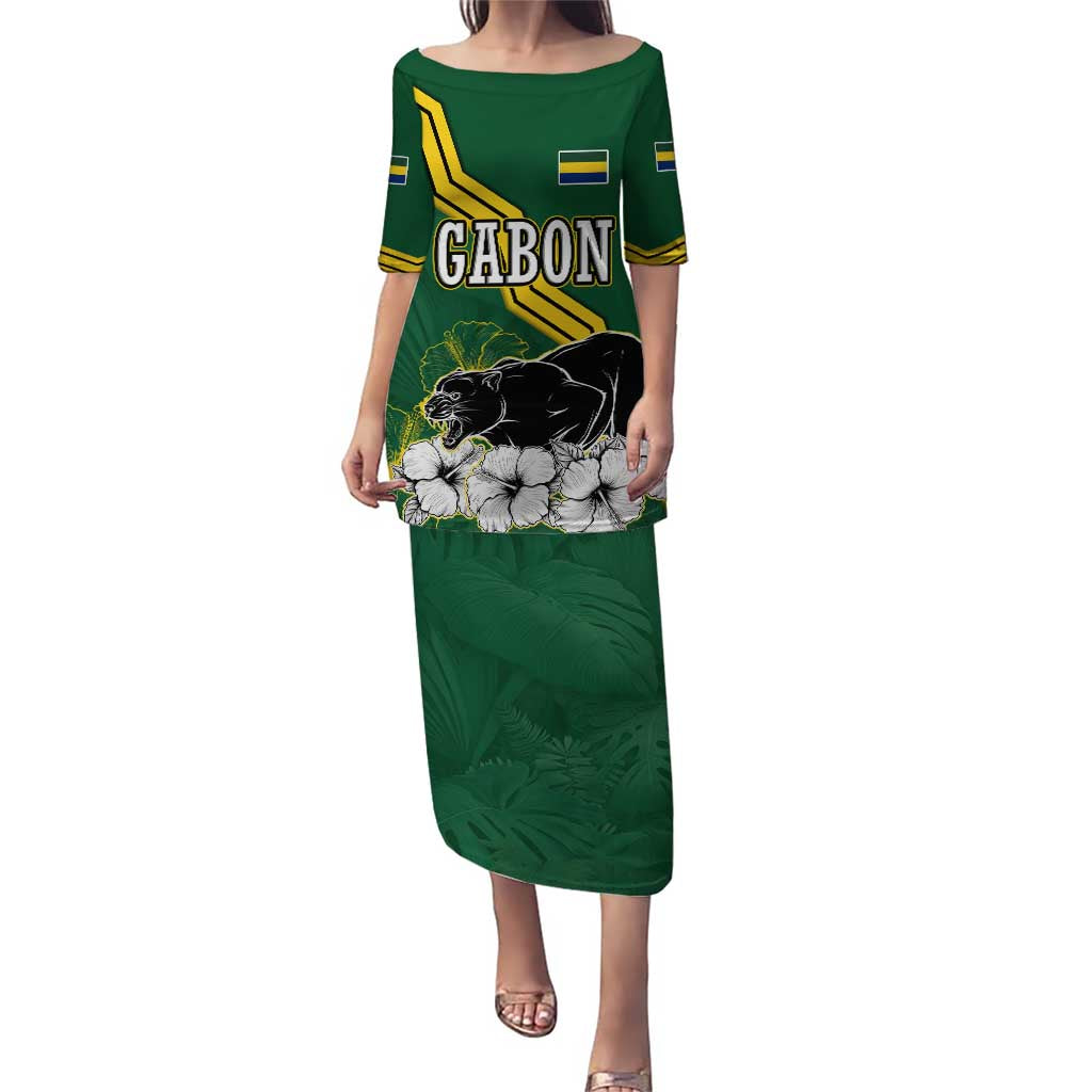 Gabon Puletasi with Black Panther Graphic and Hibiscus Flower Design in National Colors