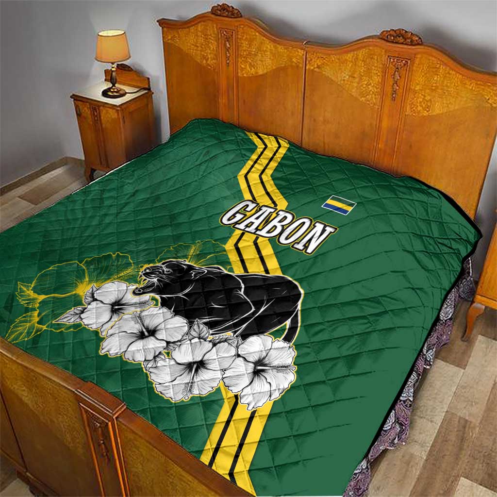 Gabon Quilt with Black Panther Graphic and Hibiscus Flower Design in National Colors