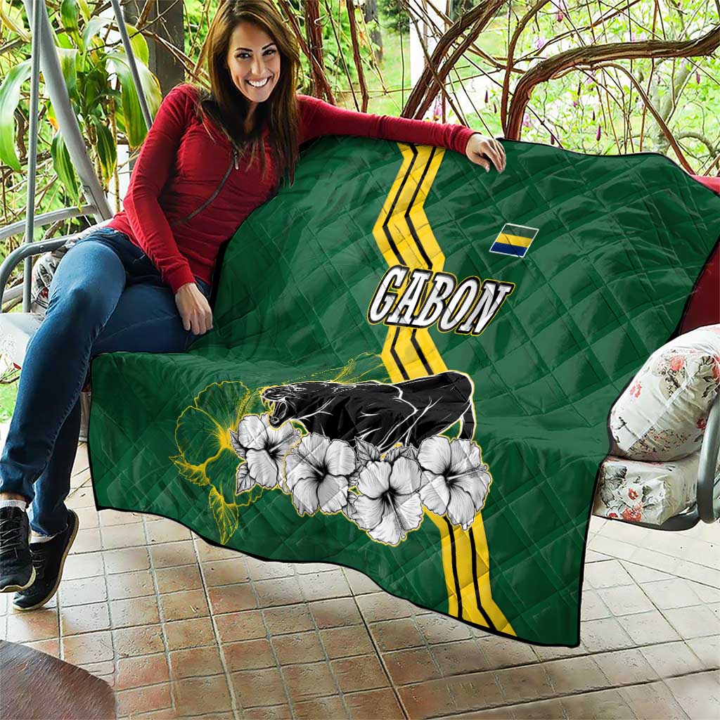 Gabon Quilt with Black Panther Graphic and Hibiscus Flower Design in National Colors