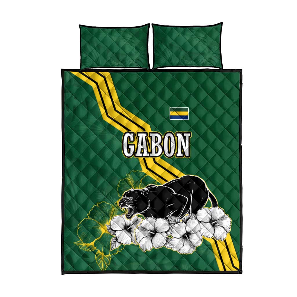 Gabon Quilt Bed Set with Black Panther Graphic and Hibiscus Flower Design in National Colors