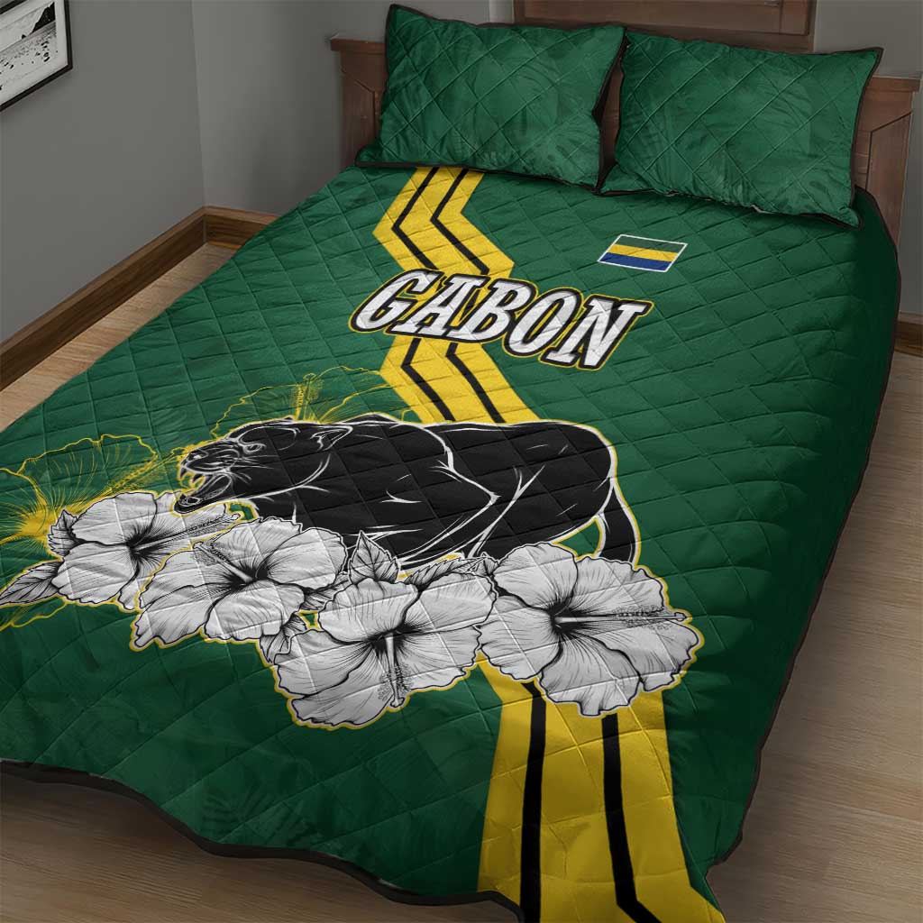Gabon Quilt Bed Set with Black Panther Graphic and Hibiscus Flower Design in National Colors
