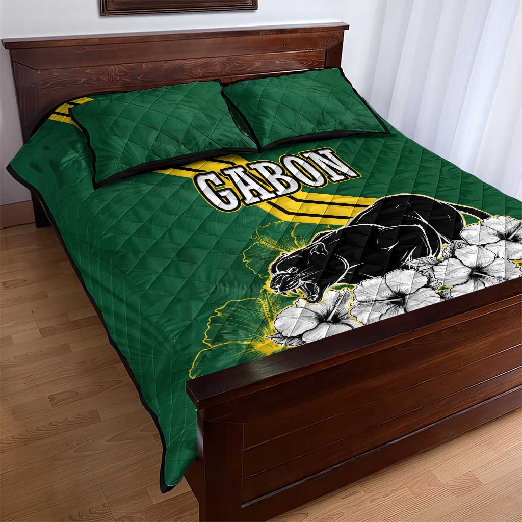 Gabon Quilt Bed Set with Black Panther Graphic and Hibiscus Flower Design in National Colors