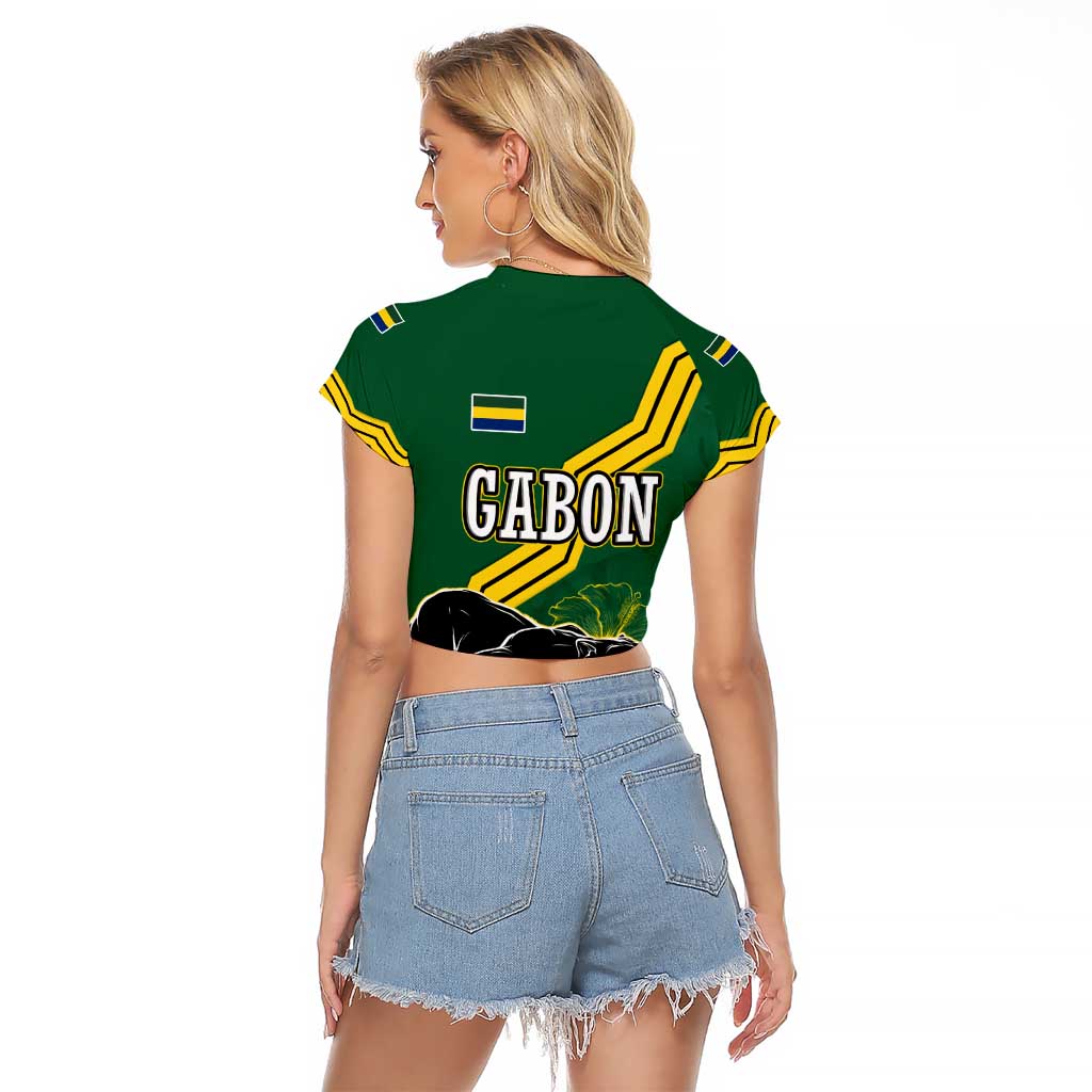 Gabon Raglan Cropped T Shirt with Black Panther Graphic and Hibiscus Flower Design in National Colors