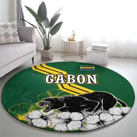Gabon Round Carpet with Black Panther Graphic and Hibiscus Flower Design in National Colors