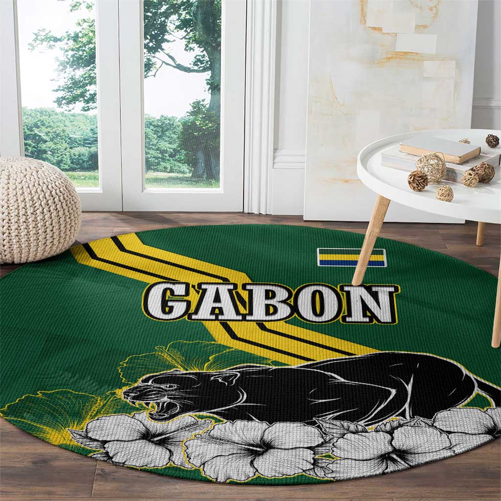 Gabon Round Carpet with Black Panther Graphic and Hibiscus Flower Design in National Colors